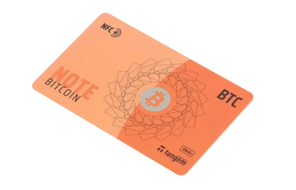 Tangem Note Bitcoin hardware wallet card, angled view