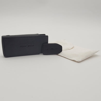 Black leather wallet and cleaning cloth on a light gray background