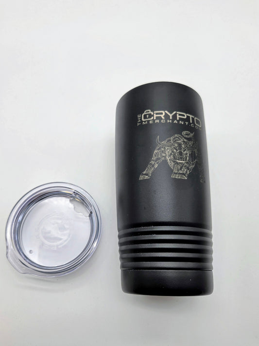 Black tumbler with 'Crypto' branding on a white background